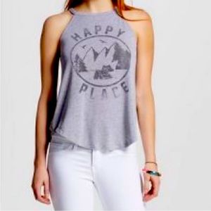 Happy place mountains , gray scoop neck flow-y tank .
